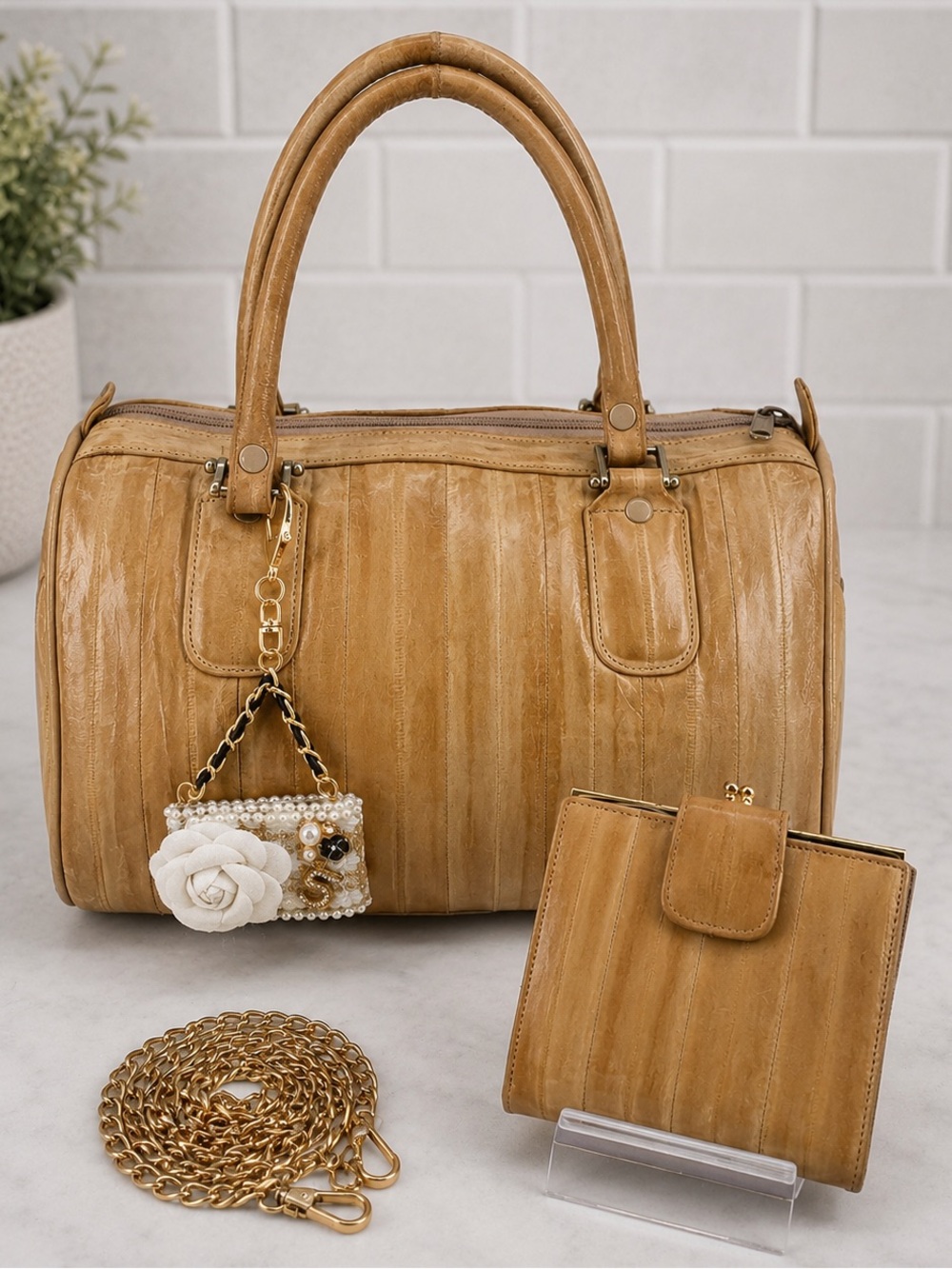 Eel Skin, Genuine, Vintage Satchel Handbag with Matching Wallet